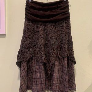 brown wool plaid tartan crochet layered skirt size small
